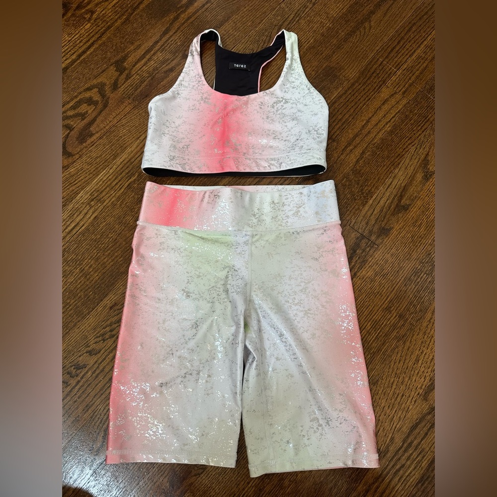 Terez metallic green pink and silver foil sports bra and bike shorts workout set